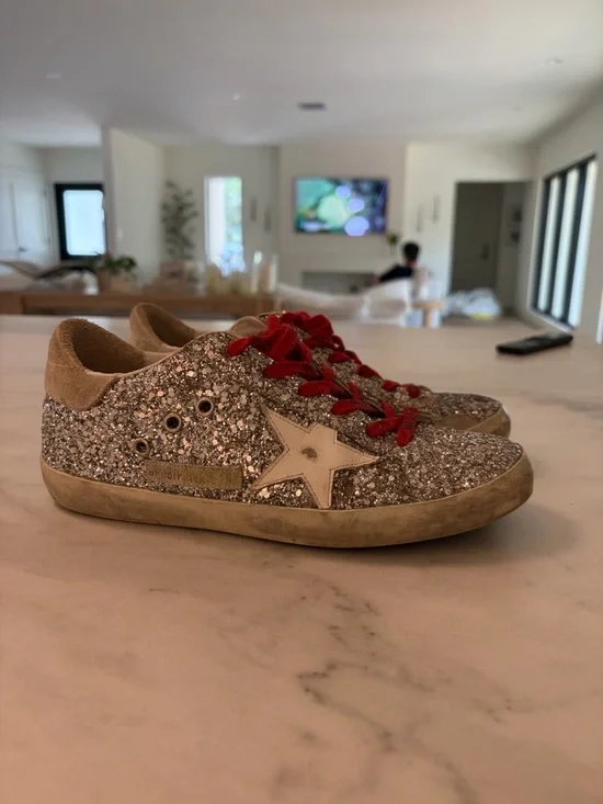 Golden Goose Super-Star Glitter Sneakers Red Laces Size 38 Distressed Star - Picture 2 of 6